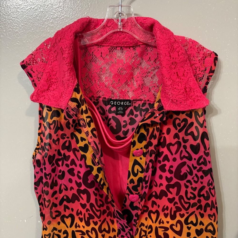 George Sleeveless Blouse & Cami Heart Pink‎ Orange Cheetah (Girls Large 10/12)